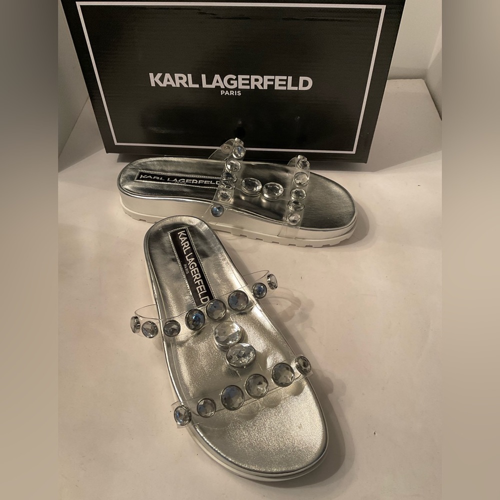 Karl Lagerfeld clear/silver studded slides